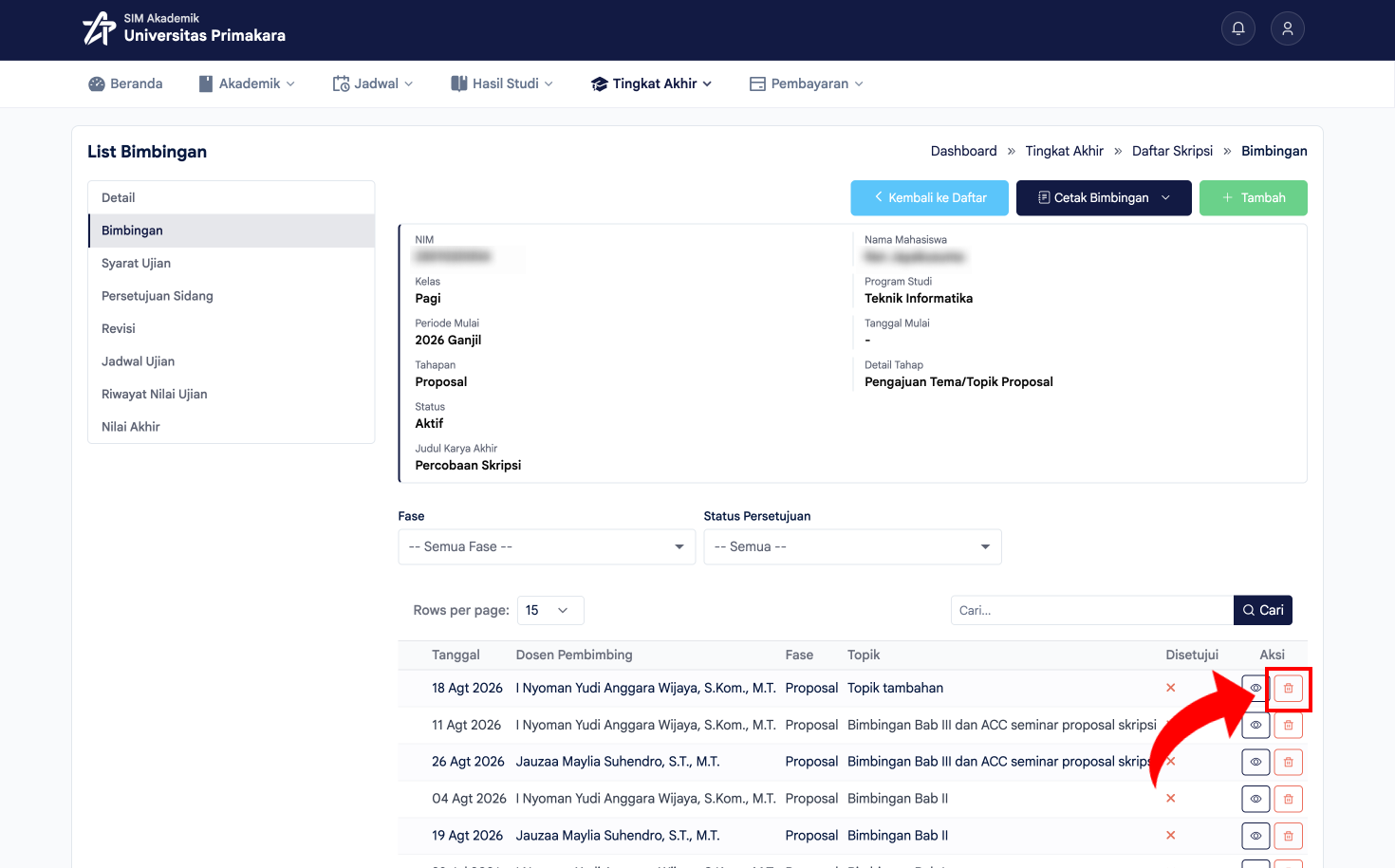 Klik ikon hapus pada data bimbingan