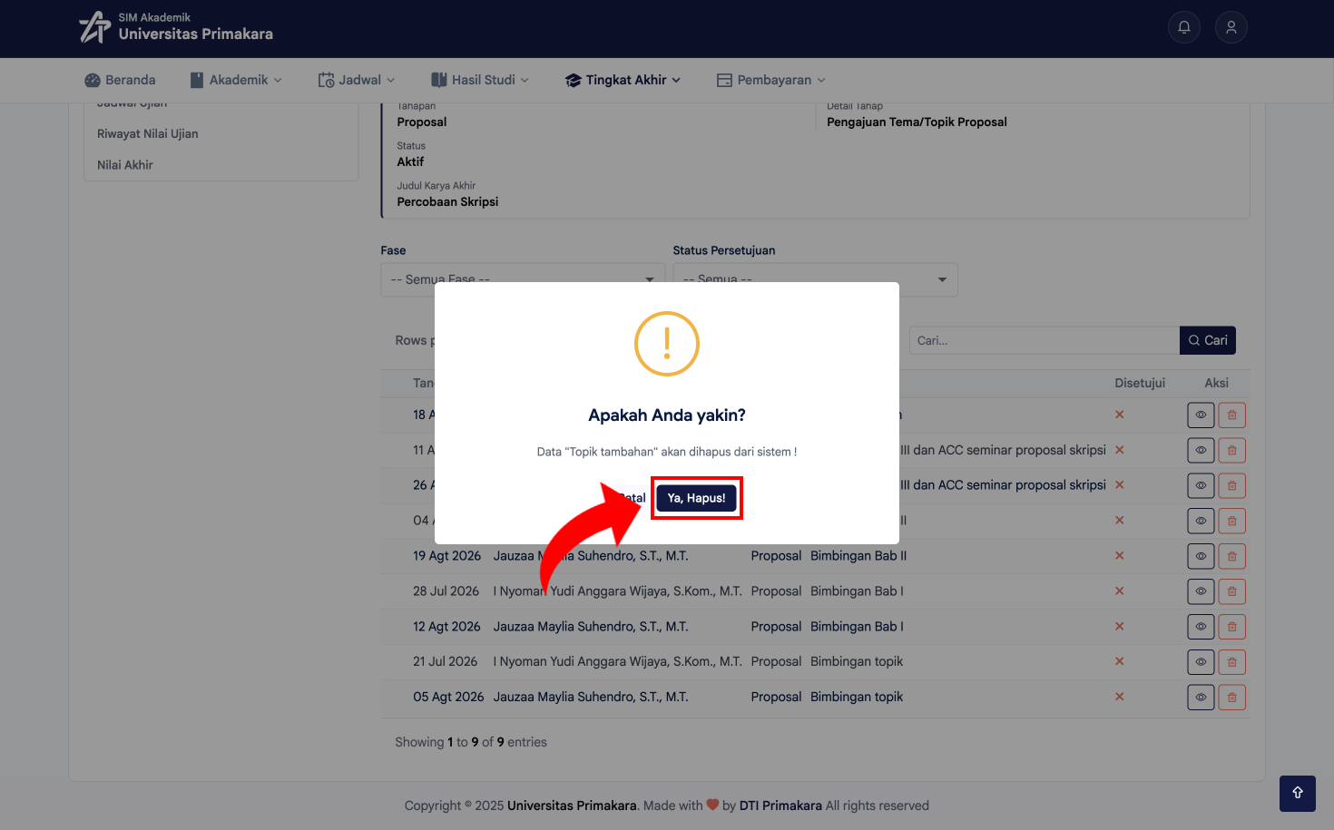 Konfirmasi hapus data bimbingan