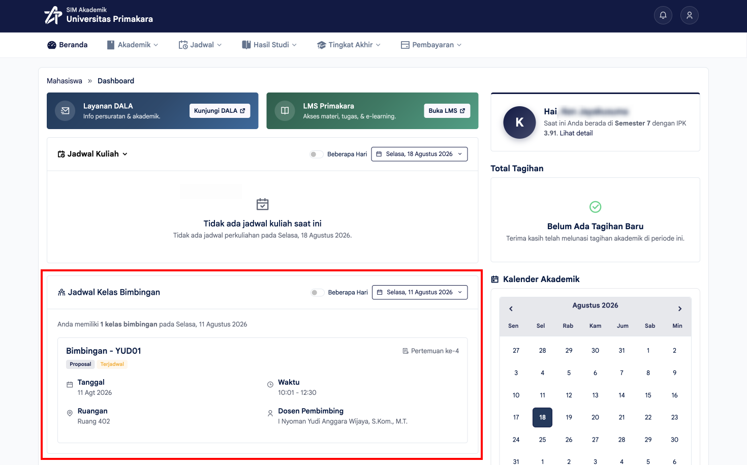 Widget Jadwal Kelas Bimbingan pada halaman Beranda