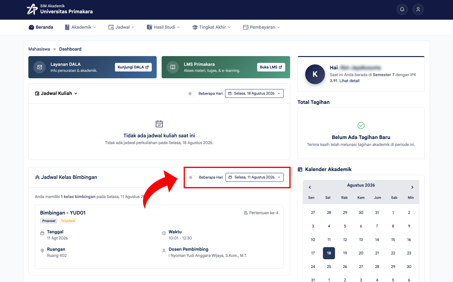 Mengaktifkan toggle Beberapa Hari pada widget Jadwal Kelas Bimbingan