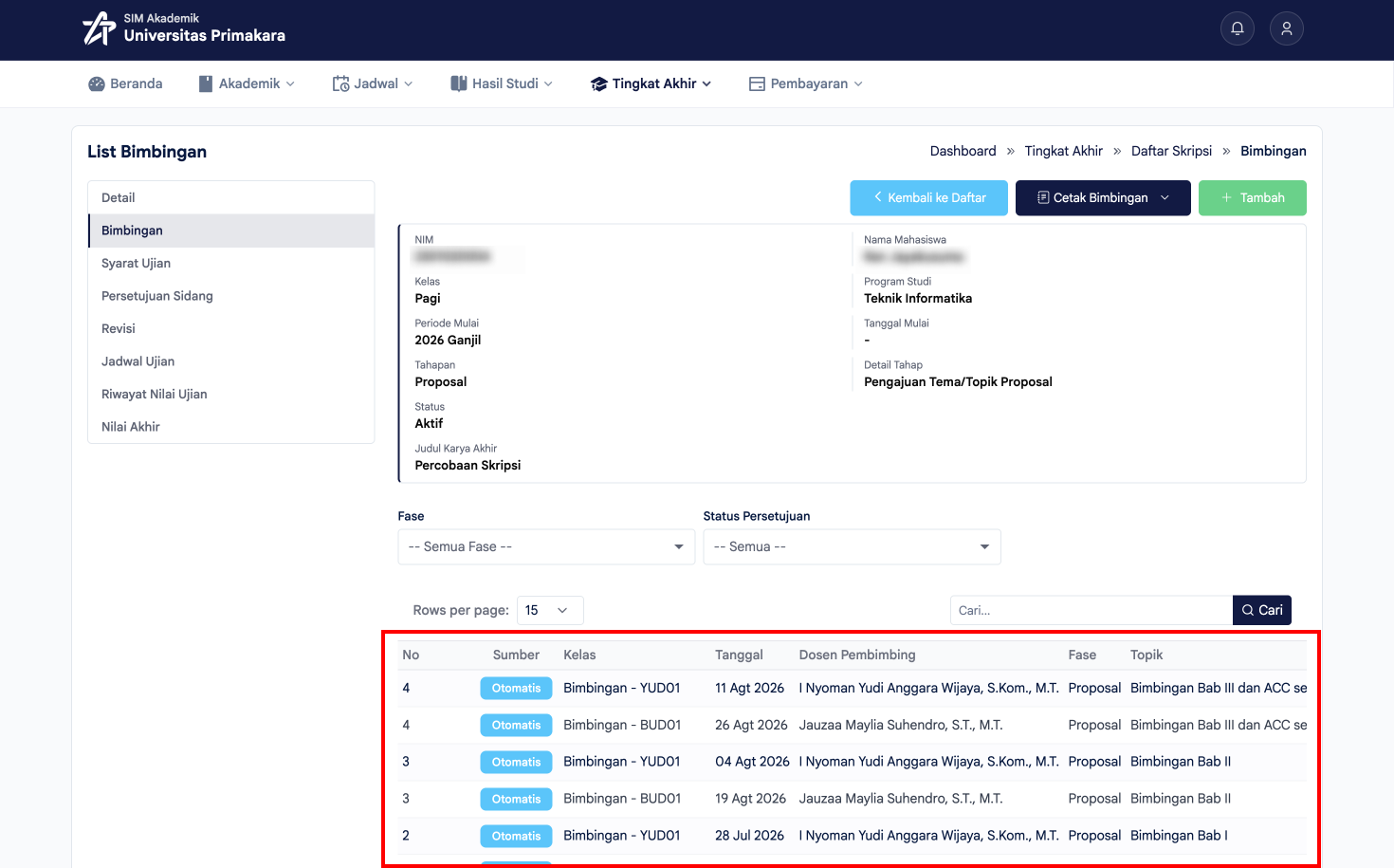 Data bimbingan otomatis muncul pada List Bimbingan sesuai dosen pembimbing