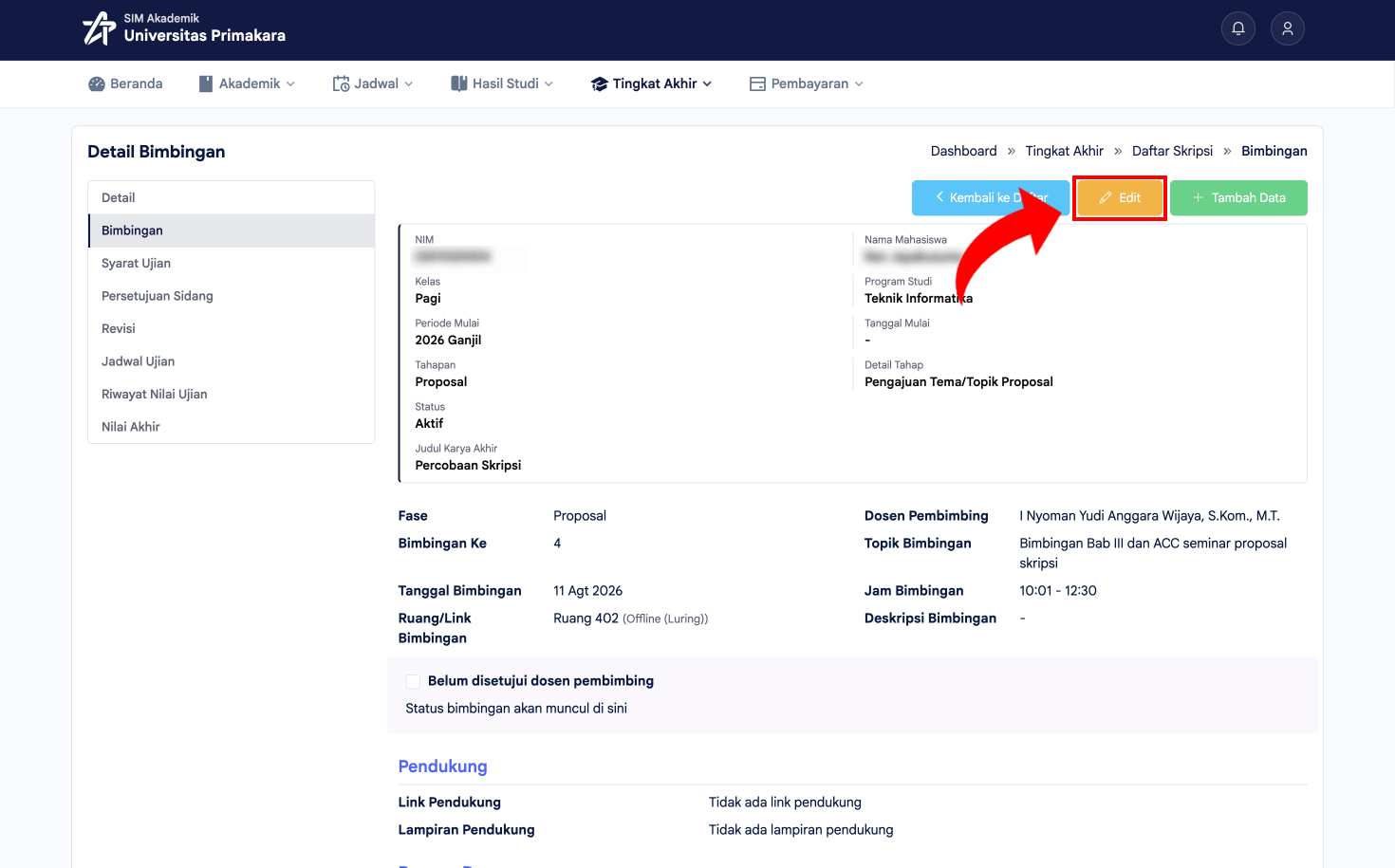 Membuka Detail Bimbingan otomatis dan klik tombol Edit
