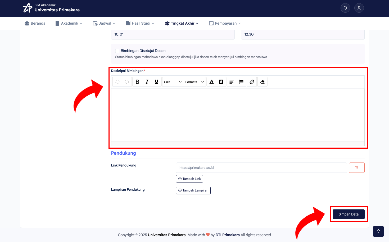 Mengisi Deskripsi Bimbingan otomatis lalu klik Simpan Data