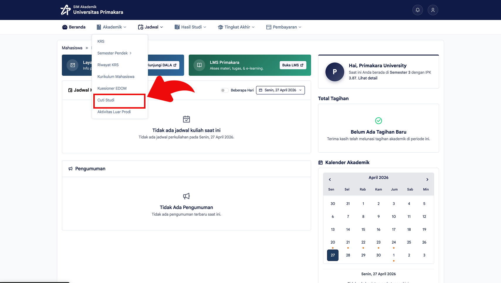 Membuka menu Akademik lalu memilih Cuti Studi