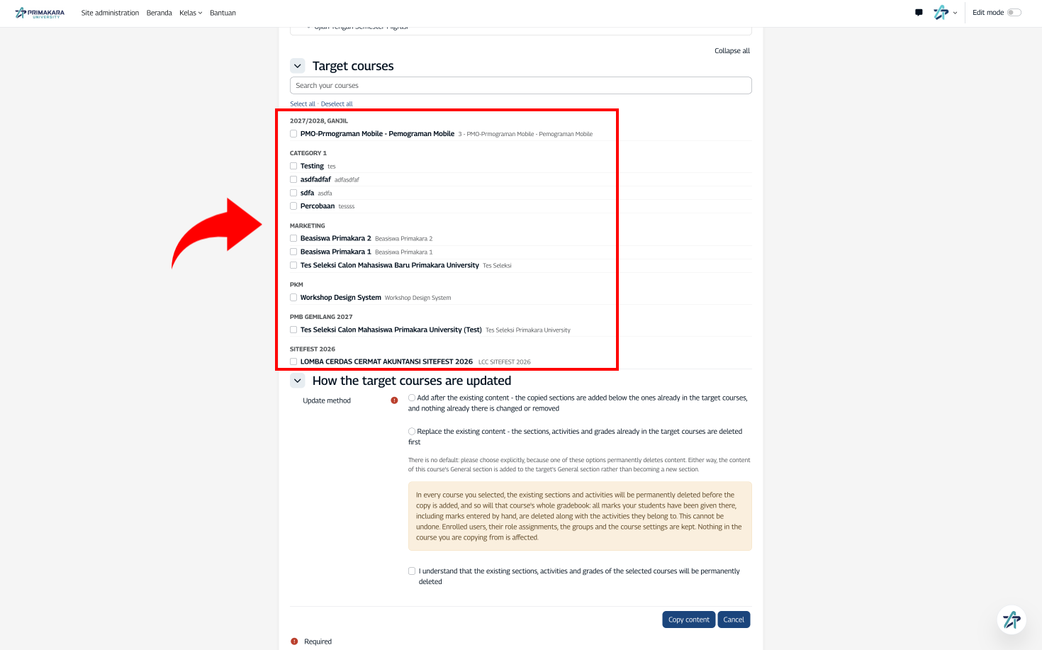 Memilih kelas tujuan pada Target courses
