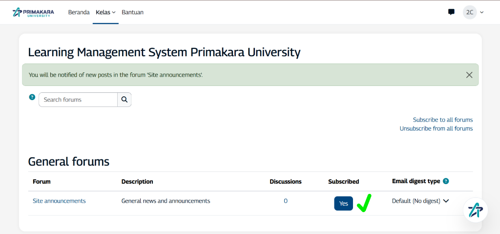 Status subscribe berhasil dan tombol berubah menjadi Yes