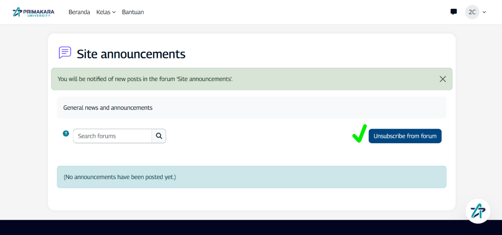 Status subscribe berhasil pada halaman detail forum