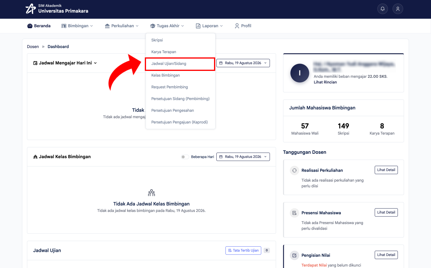 Memilih menu Jadwal Ujian/Sidang pada Tugas Akhir