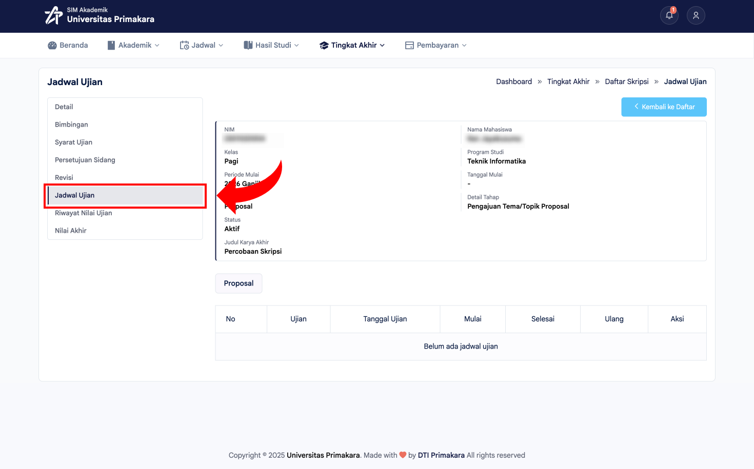 Tampilan default halaman Jadwal Ujian