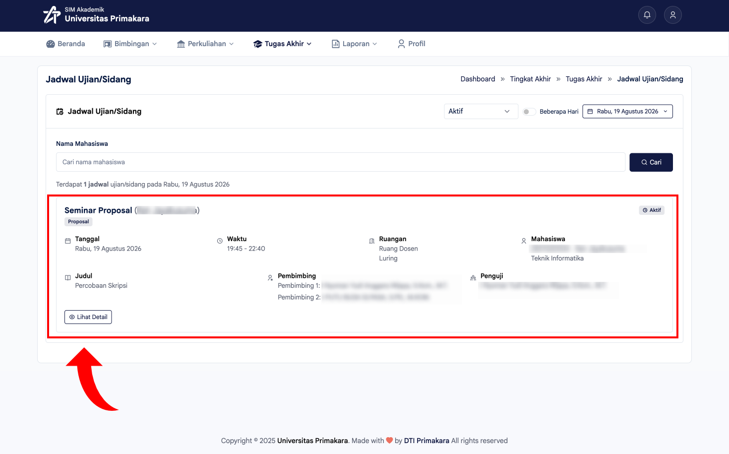 Daftar jadwal ujian/sidang beserta filter dan tombol Lihat Detail