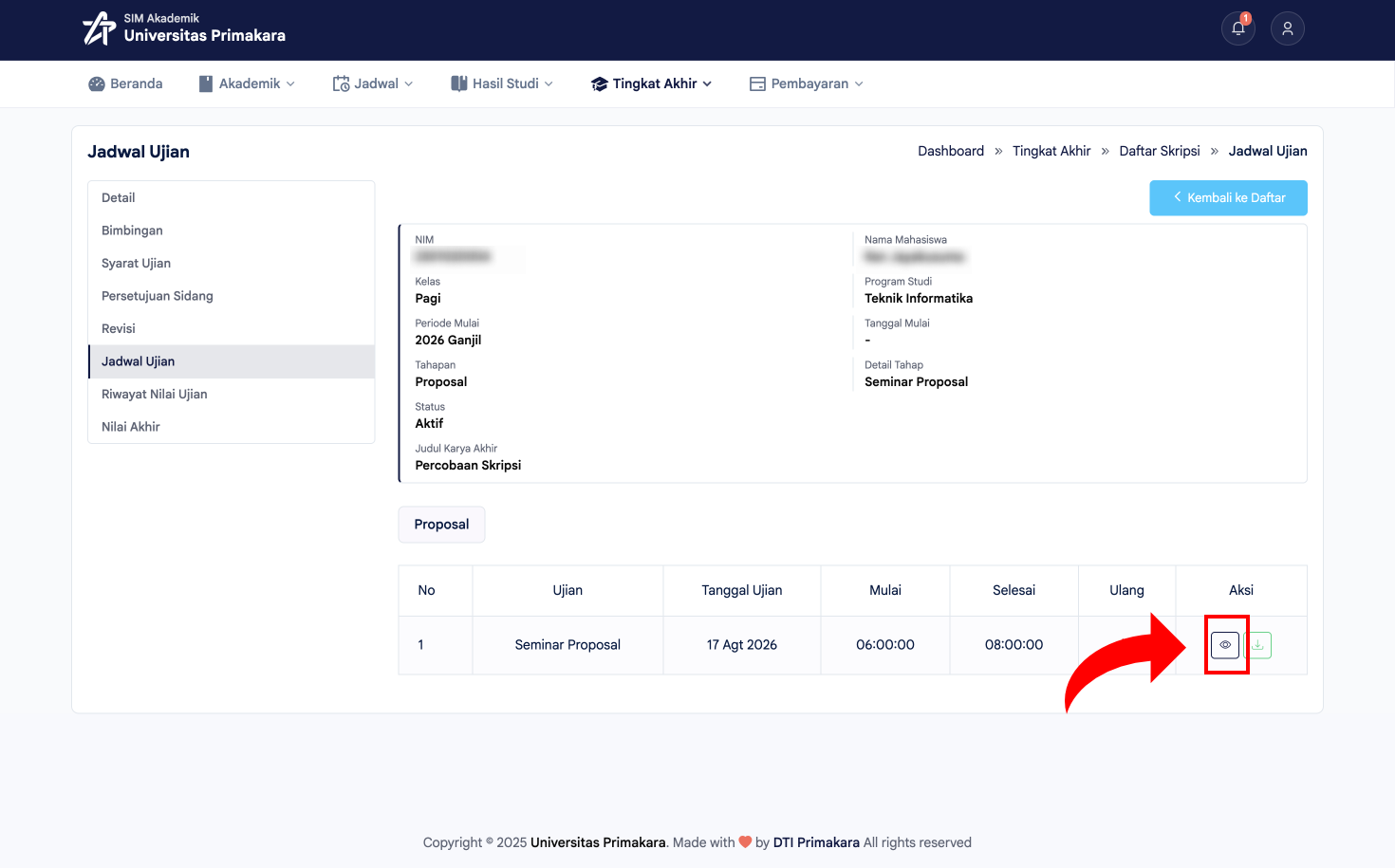 Klik ikon detail pada daftar jadwal ujian