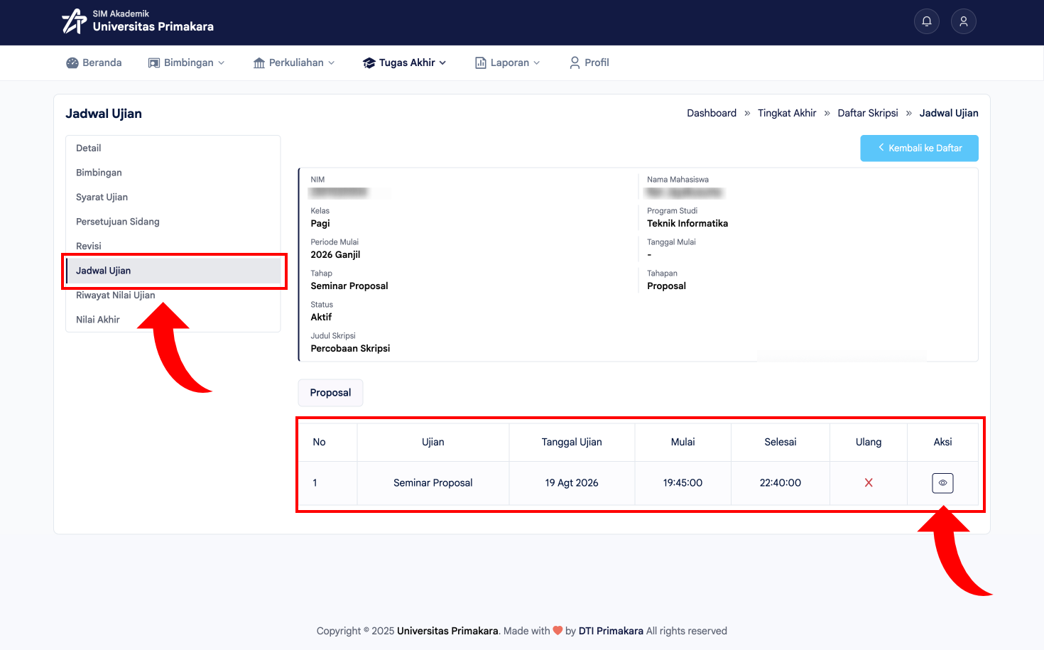 Membuka tab Jadwal Ujian pada Tugas Akhir mahasiswa