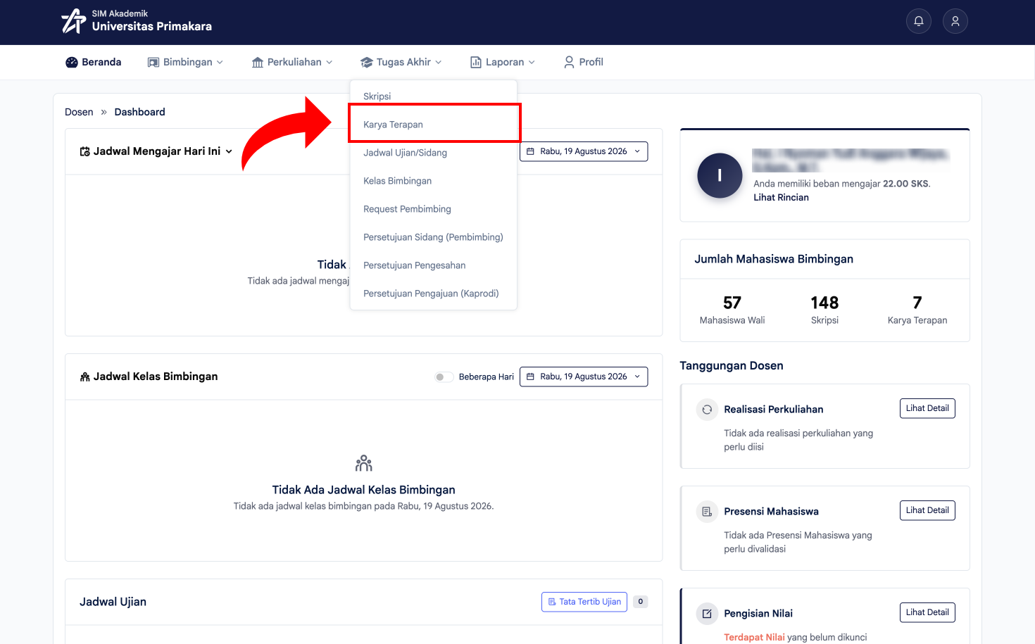 Memilih menu Karya Terapan pada Tugas Akhir