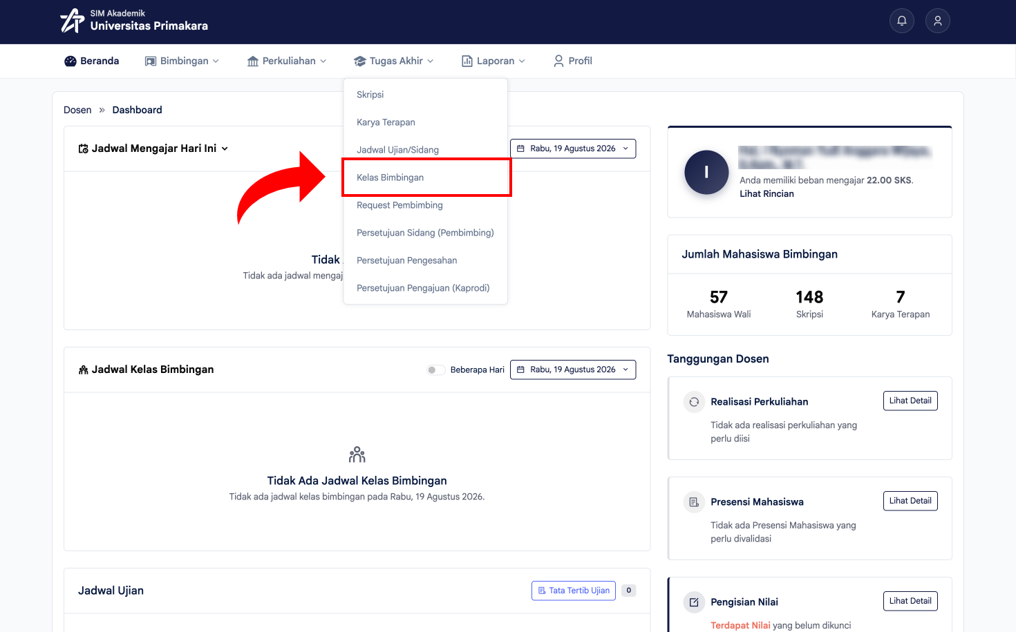 Memilih menu Kelas Bimbingan pada Tugas Akhir