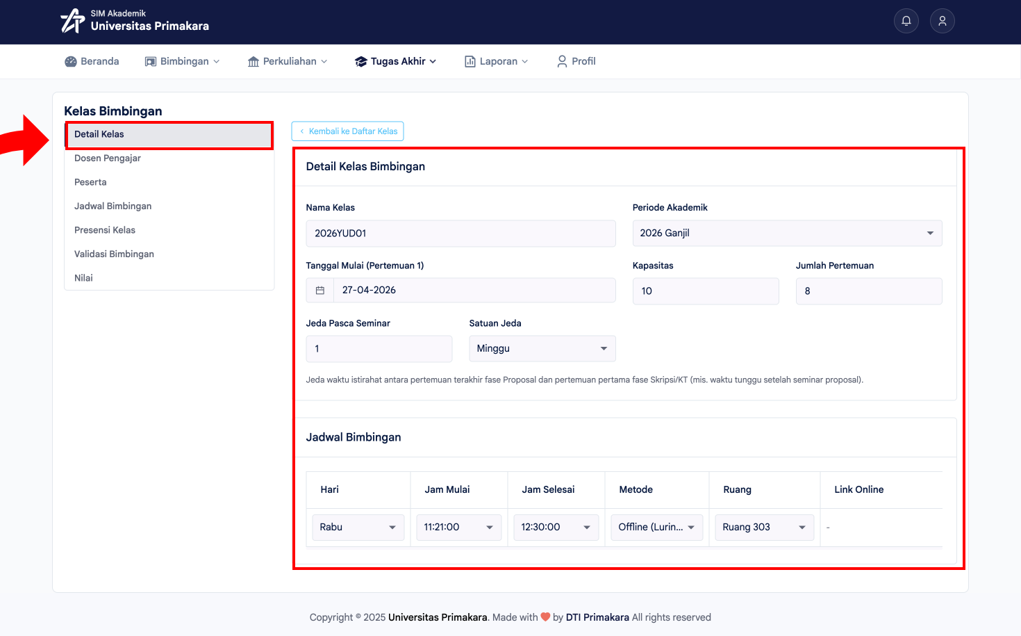 Detail Kelas Bimbingan beserta jadwal dan sub-menu