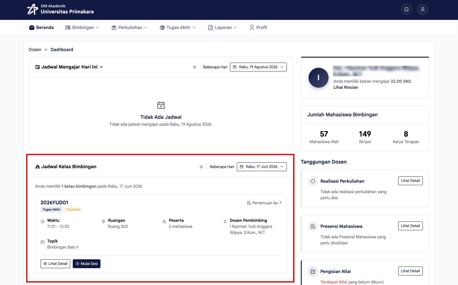 Widget Jadwal Kelas Bimbingan pada halaman Beranda