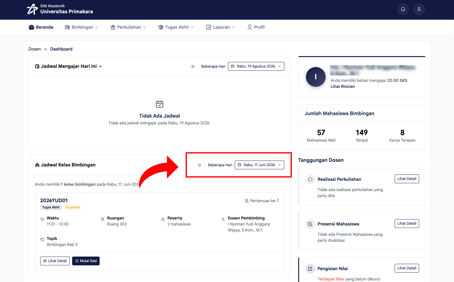 Mengaktifkan toggle Beberapa Hari pada widget Jadwal Kelas Bimbingan