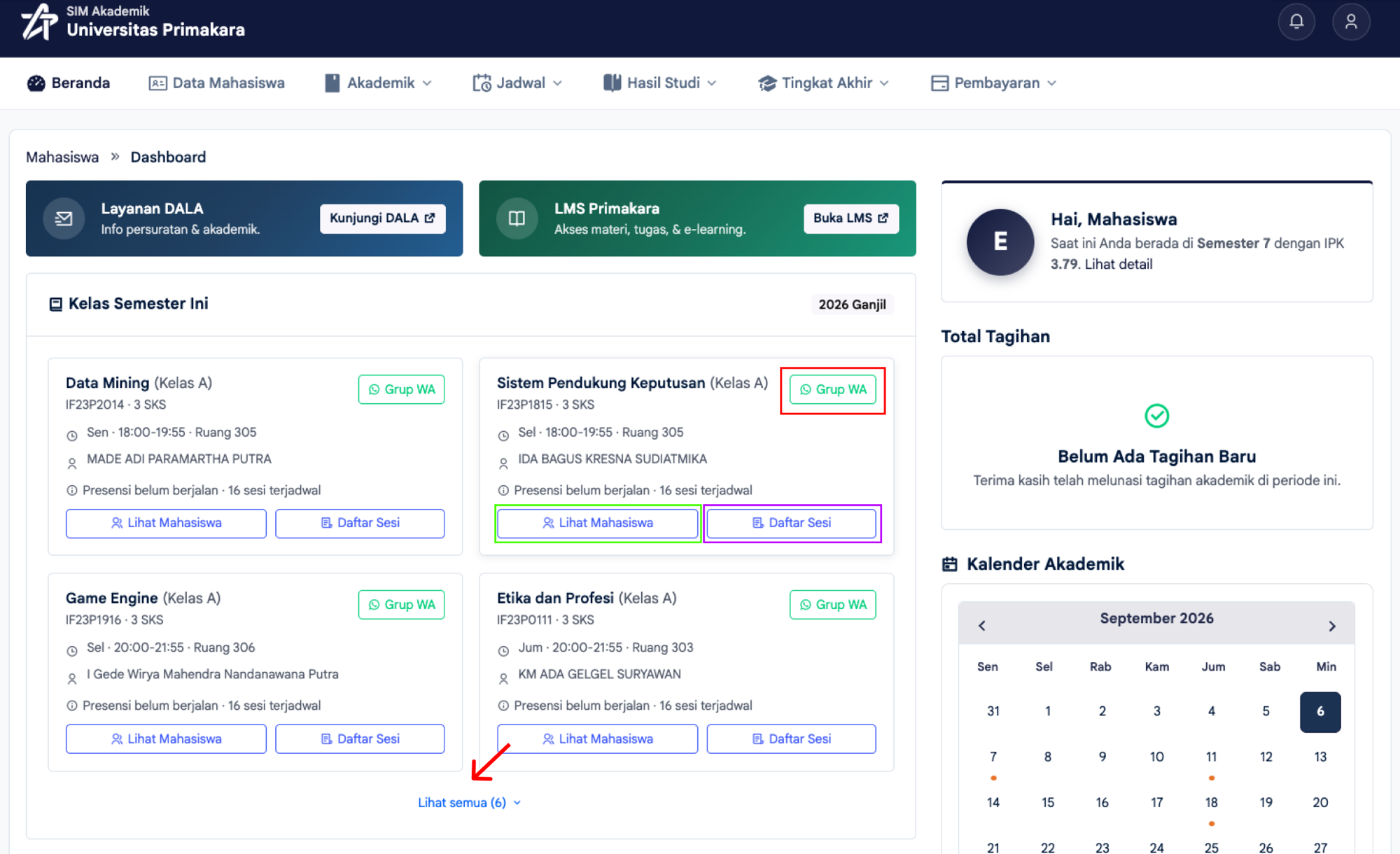 Panel Kelas Semester Ini pada Dashboard mahasiswa beserta tombol Grup WA, Lihat Mahasiswa, dan Daftar Sesi