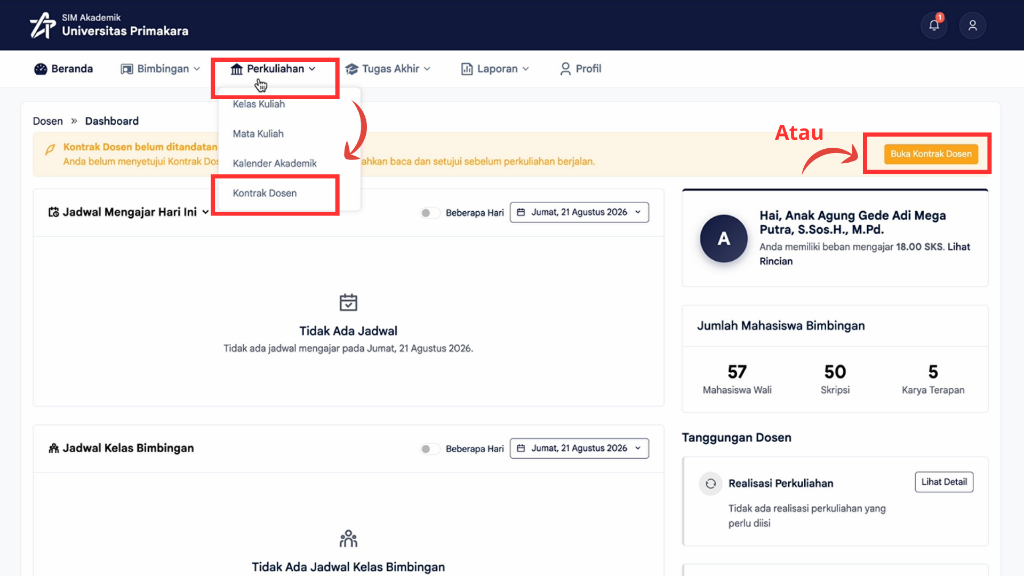 Mengakses Kontrak Dosen dari Navbar Perkuliahan atau Dashboard