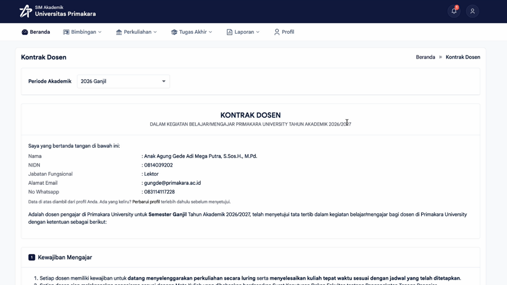 Halaman Kontrak Dosen dan Pengecekan Data Diri