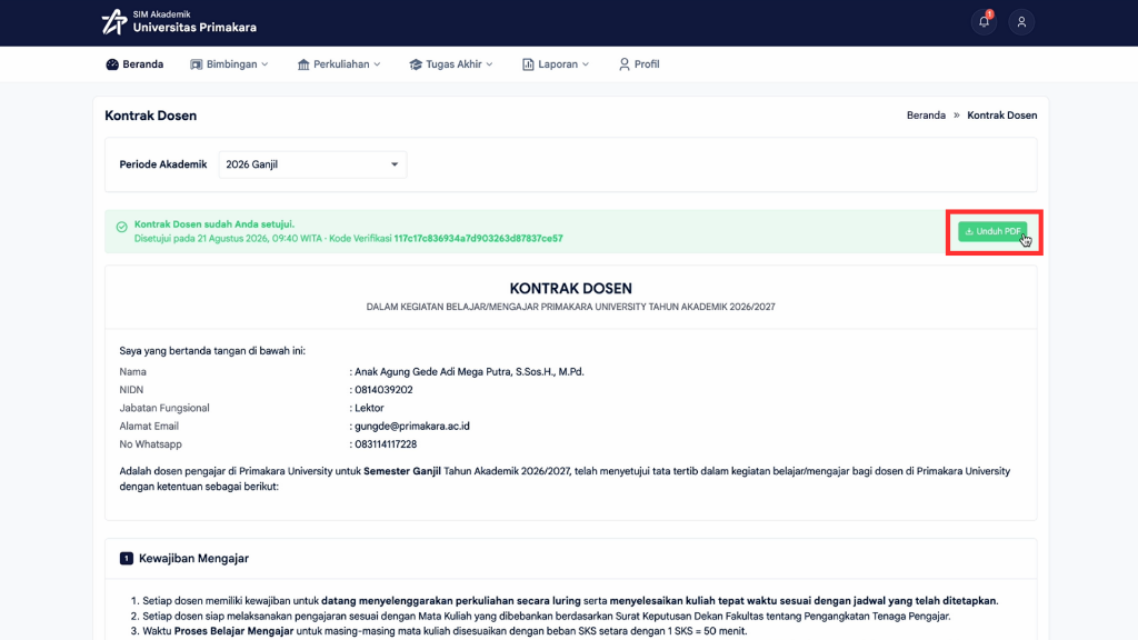 Kontrak Dosen Berhasil Disetujui dan Tombol Unduh PDF
