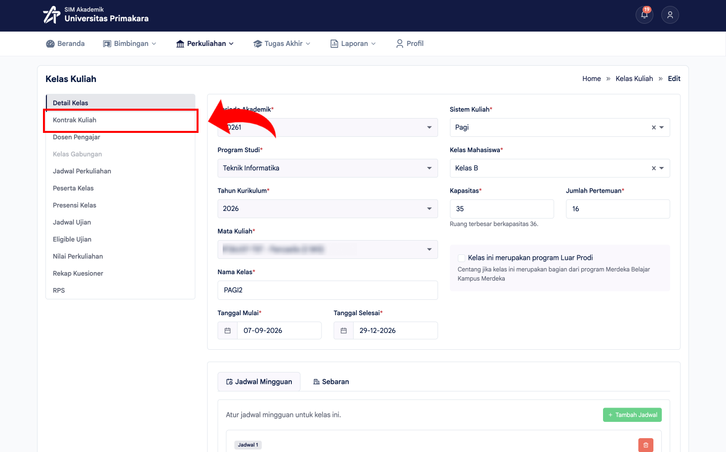 Membuka tab Kontrak Kuliah pada detail kelas