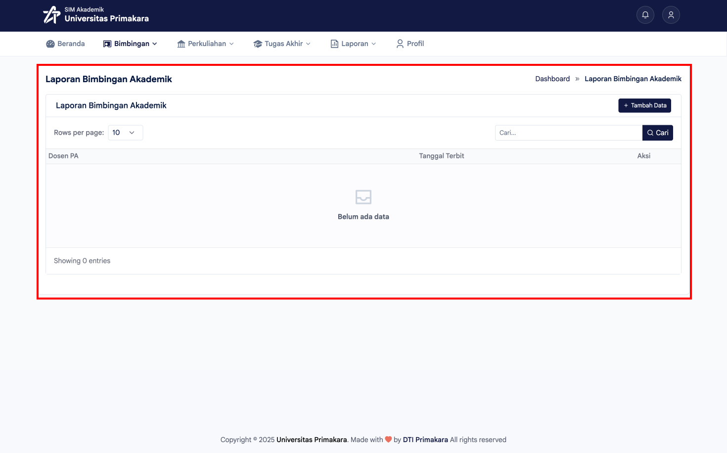 Daftar laporan bimbingan akademik yang sudah dibuat