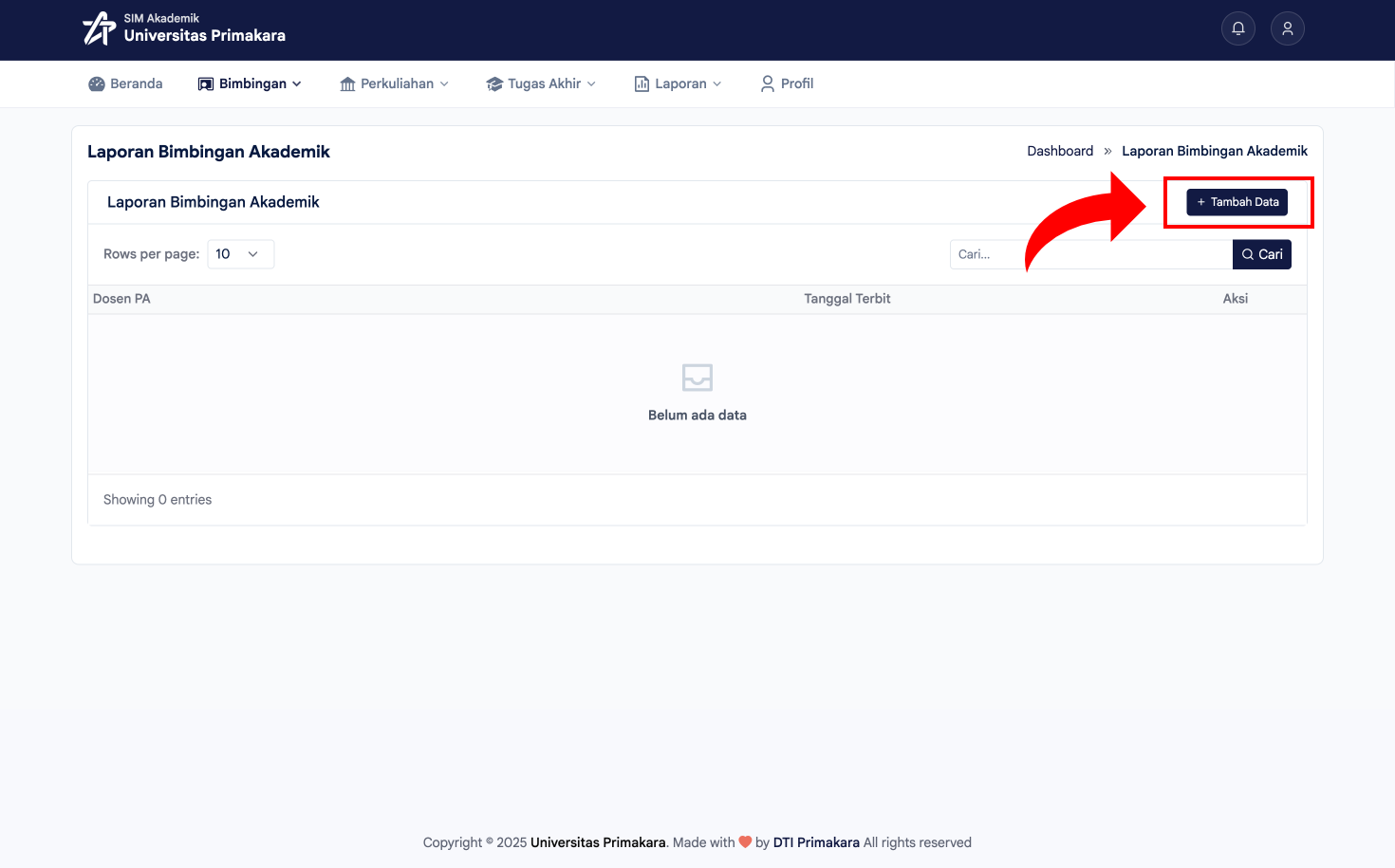 Klik tombol Tambah Data pada Laporan Bimbingan Akademik