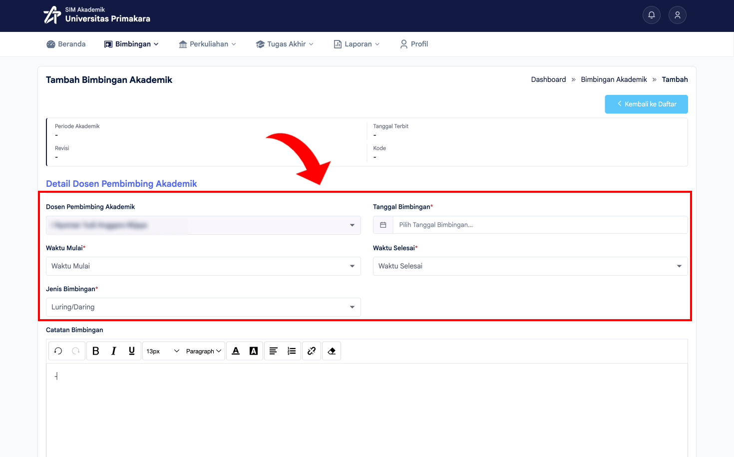 Mengisi Detail Dosen Pembimbing Akademik