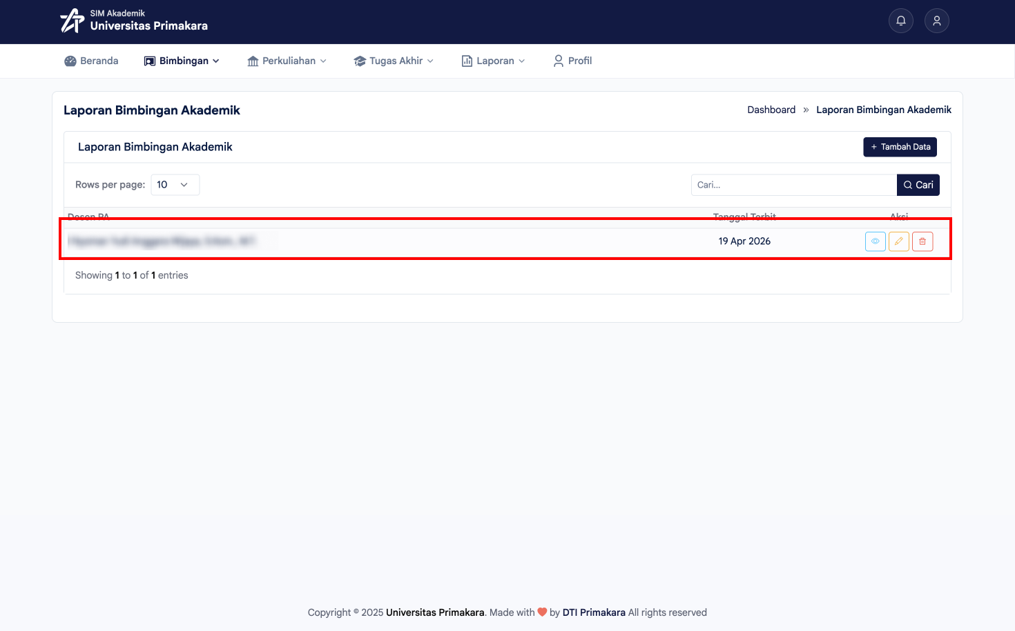 Laporan bimbingan akademik berhasil tersimpan pada daftar