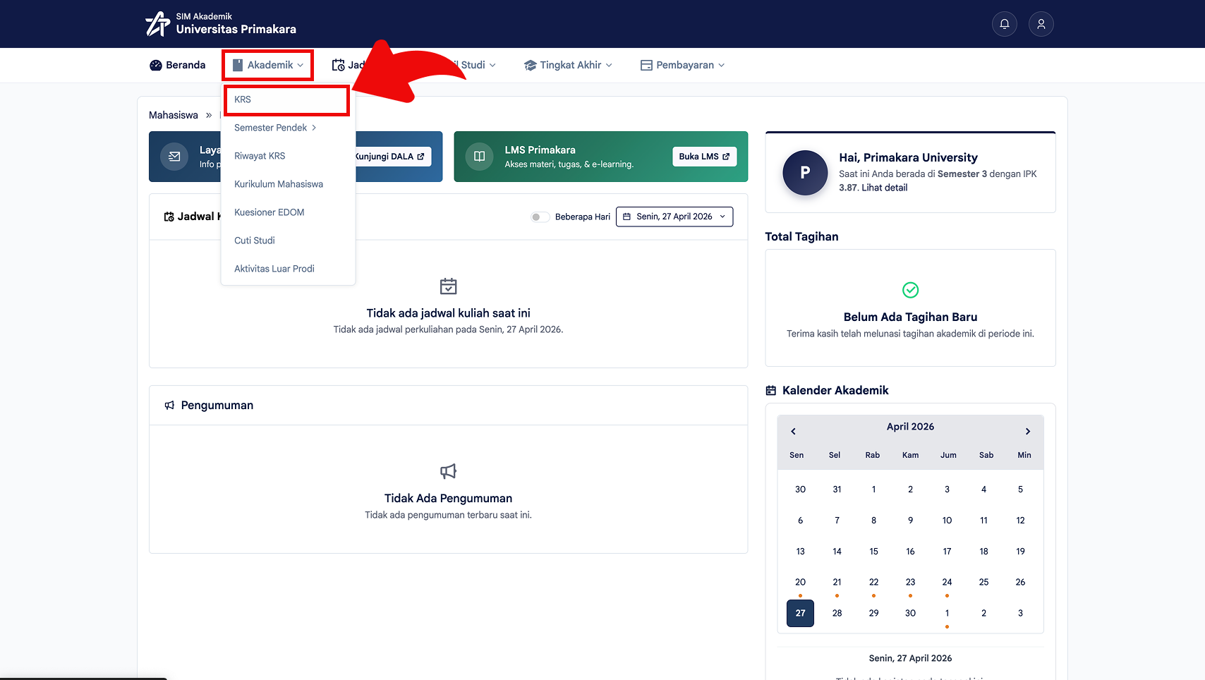 Membuka menu Akademik lalu memilih KRS