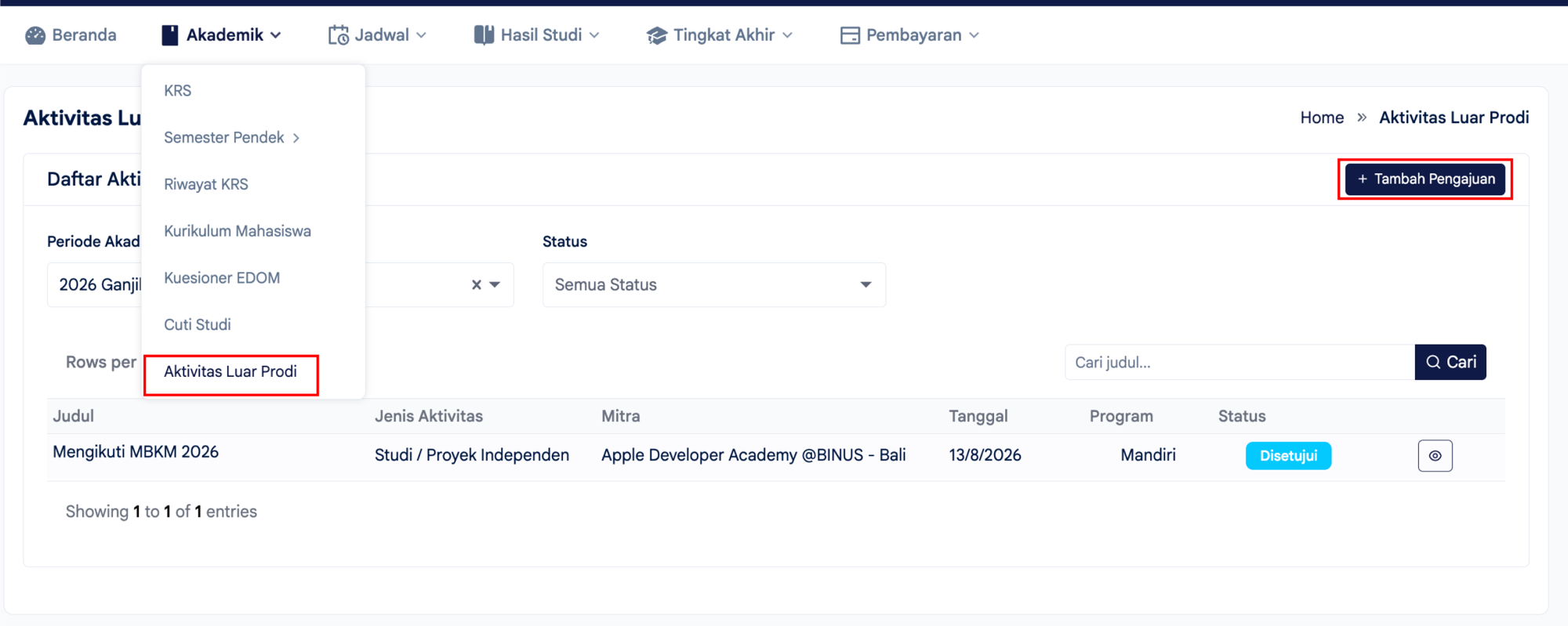 Membuka menu Akademik lalu memilih Aktivitas Luar Prodi