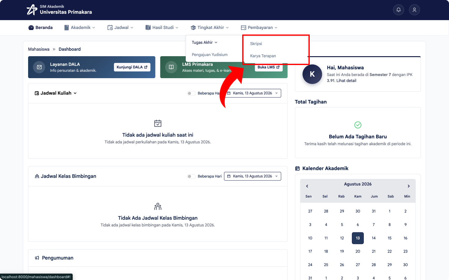 Navigasi menu Tingkat Akhir dan memilih jenis Skripsi atau Karya Terapan