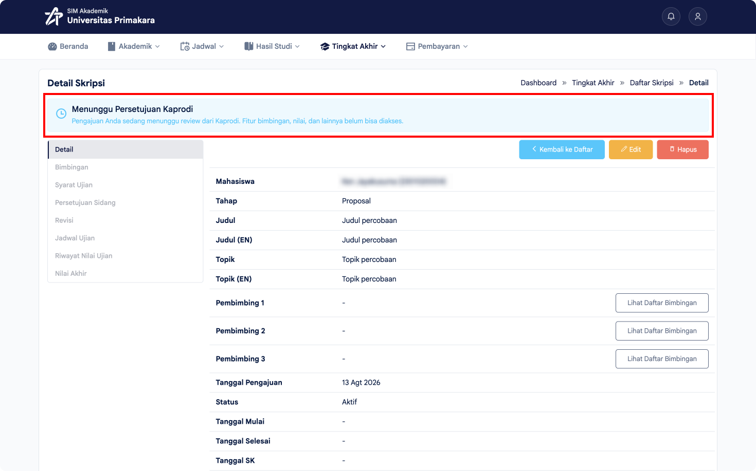 Status pengajuan menunggu persetujuan Kaprodi