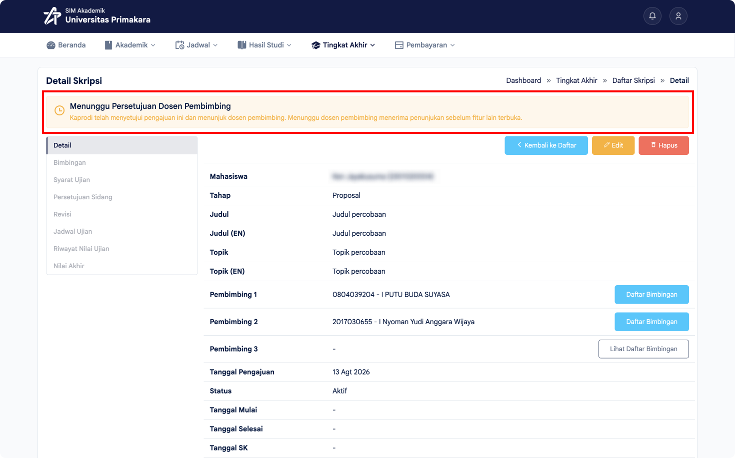 Status pengajuan disetujui Kaprodi dan menunggu persetujuan Dosen Pembimbing