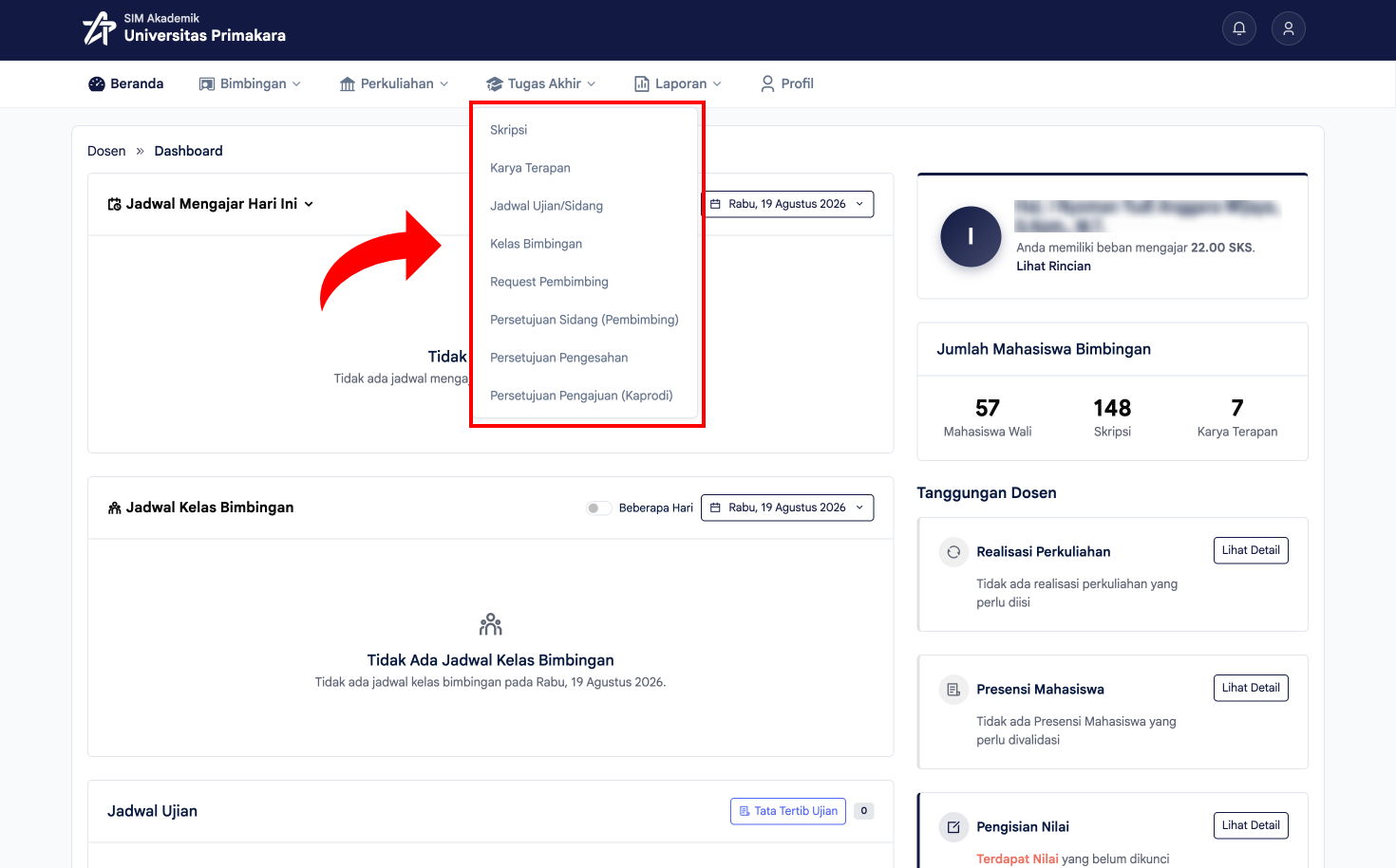 Daftar menu pada modul Tugas Akhir