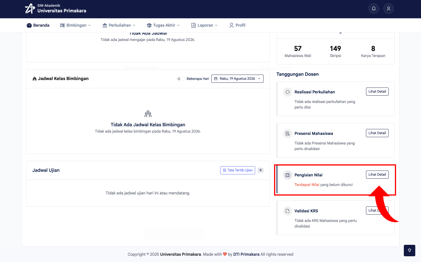 Kartu Pengisian Nilai pada Dashboard