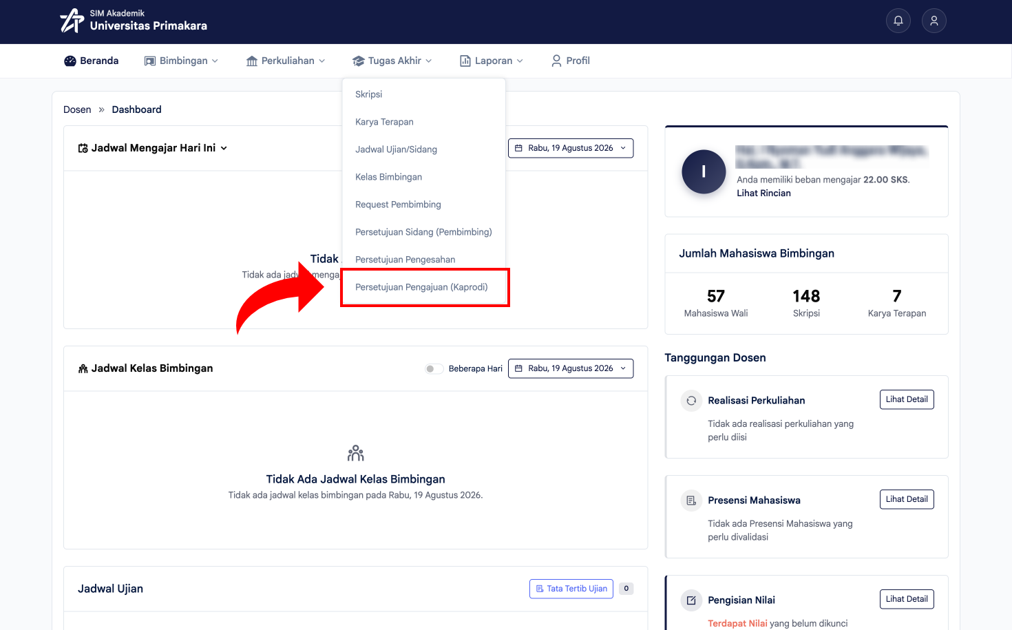 Memilih menu Persetujuan Pengajuan (Kaprodi) pada Tugas Akhir