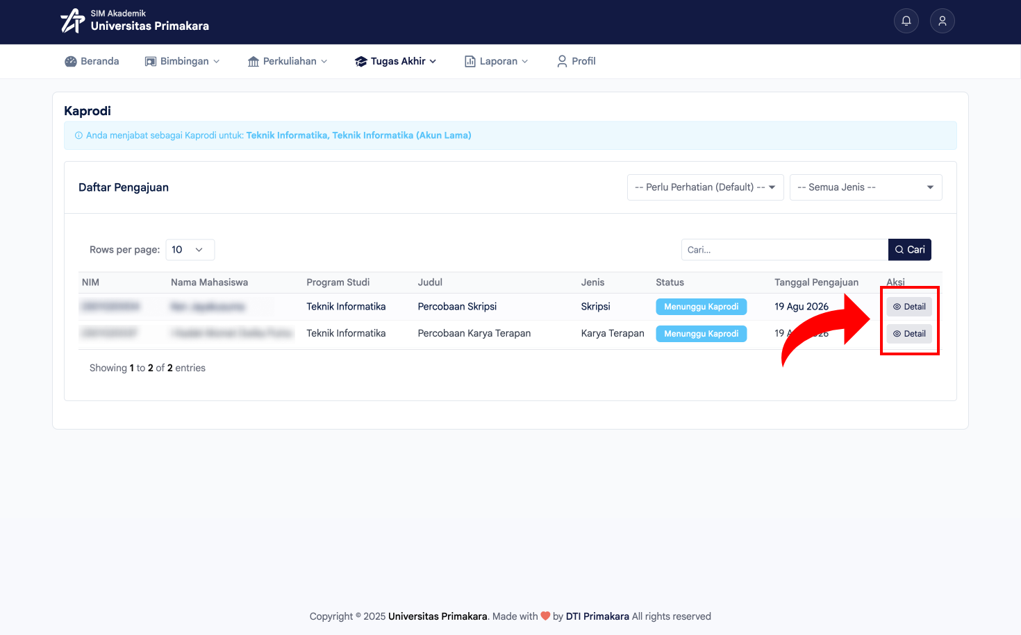 Klik tombol Detail pada daftar pengajuan