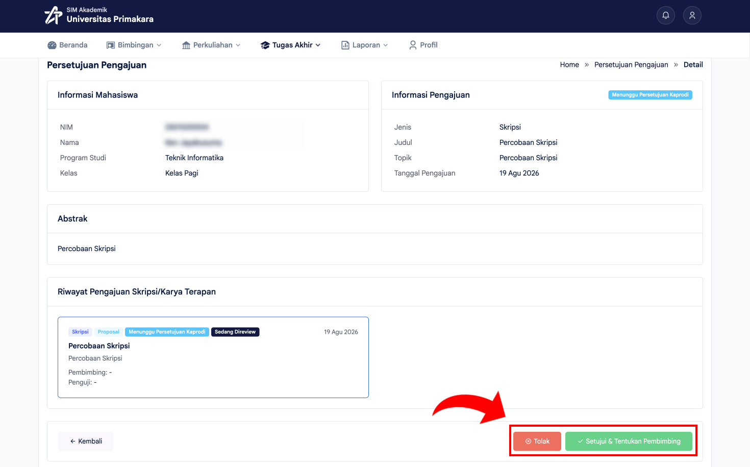 Detail pengajuan beserta riwayat dan tombol Tolak/Setujui
