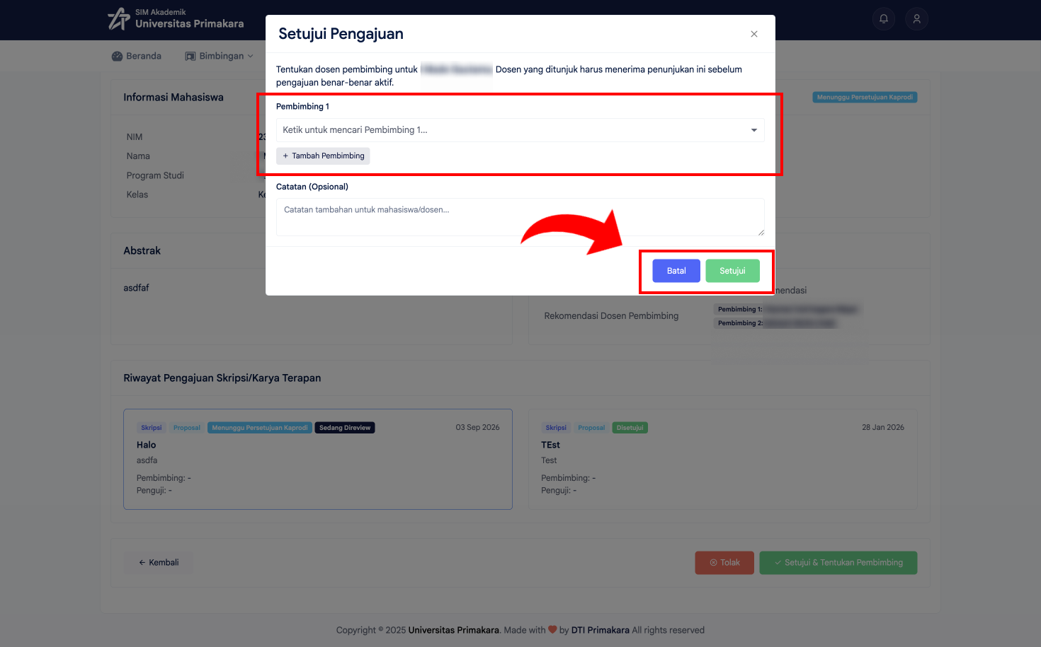 Menentukan dosen pembimbing pada dialog Setujui Pengajuan