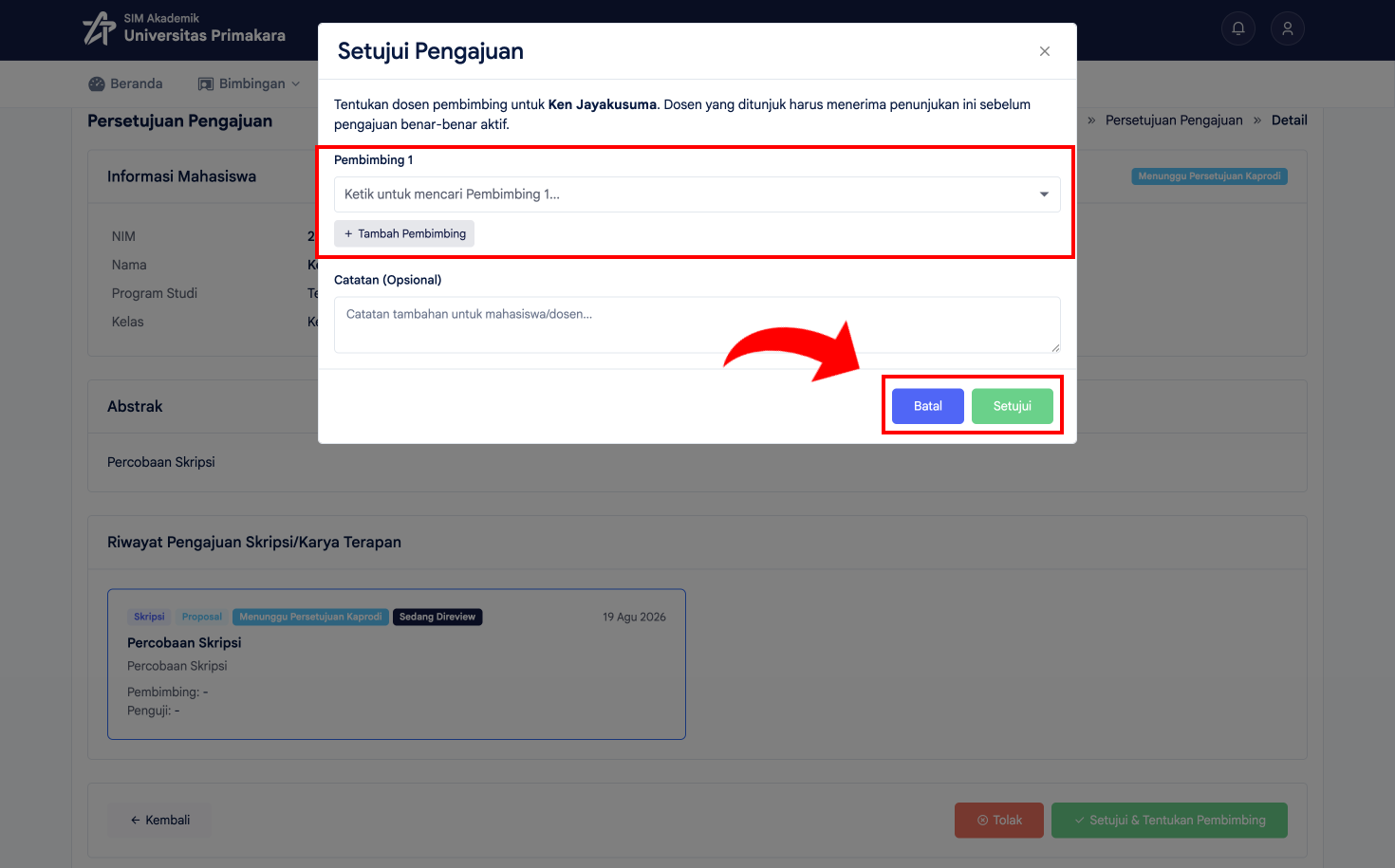 Menentukan dosen pembimbing pada dialog Setujui Pengajuan