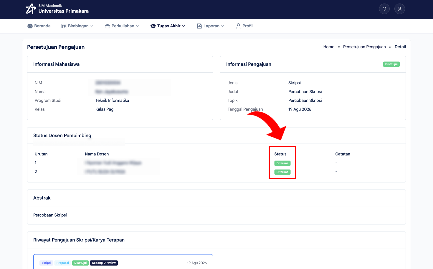 Status Diterima dari seluruh dosen pembimbing dan pengajuan Disetujui