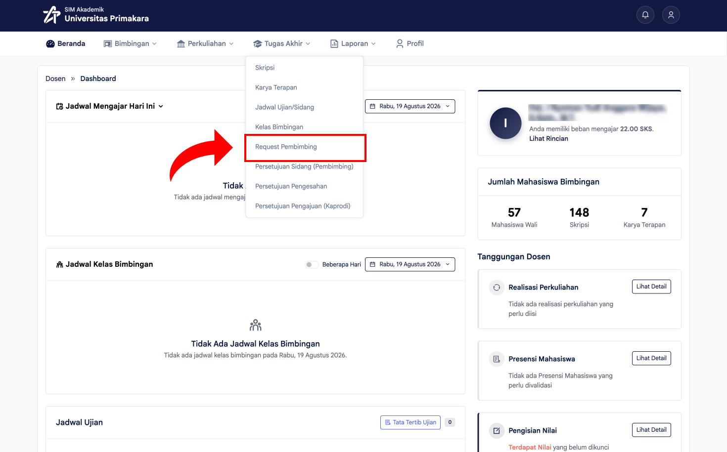 Memilih menu Request Pembimbing pada Tugas Akhir