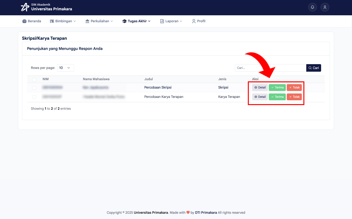 Tombol Detail, Terima, dan Tolak pada daftar penunjukan
