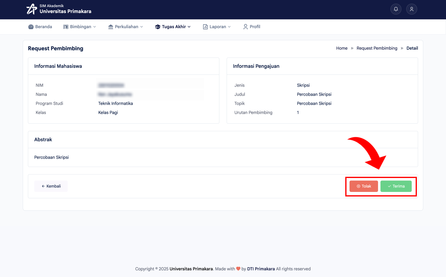 Detail penunjukan beserta tombol Tolak dan Terima
