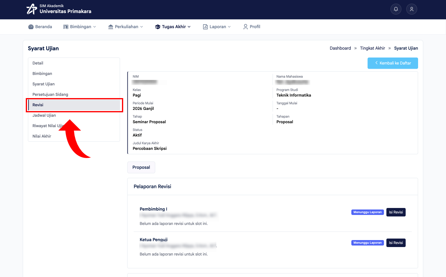 Membuka tab Revisi pada Tugas Akhir mahasiswa
