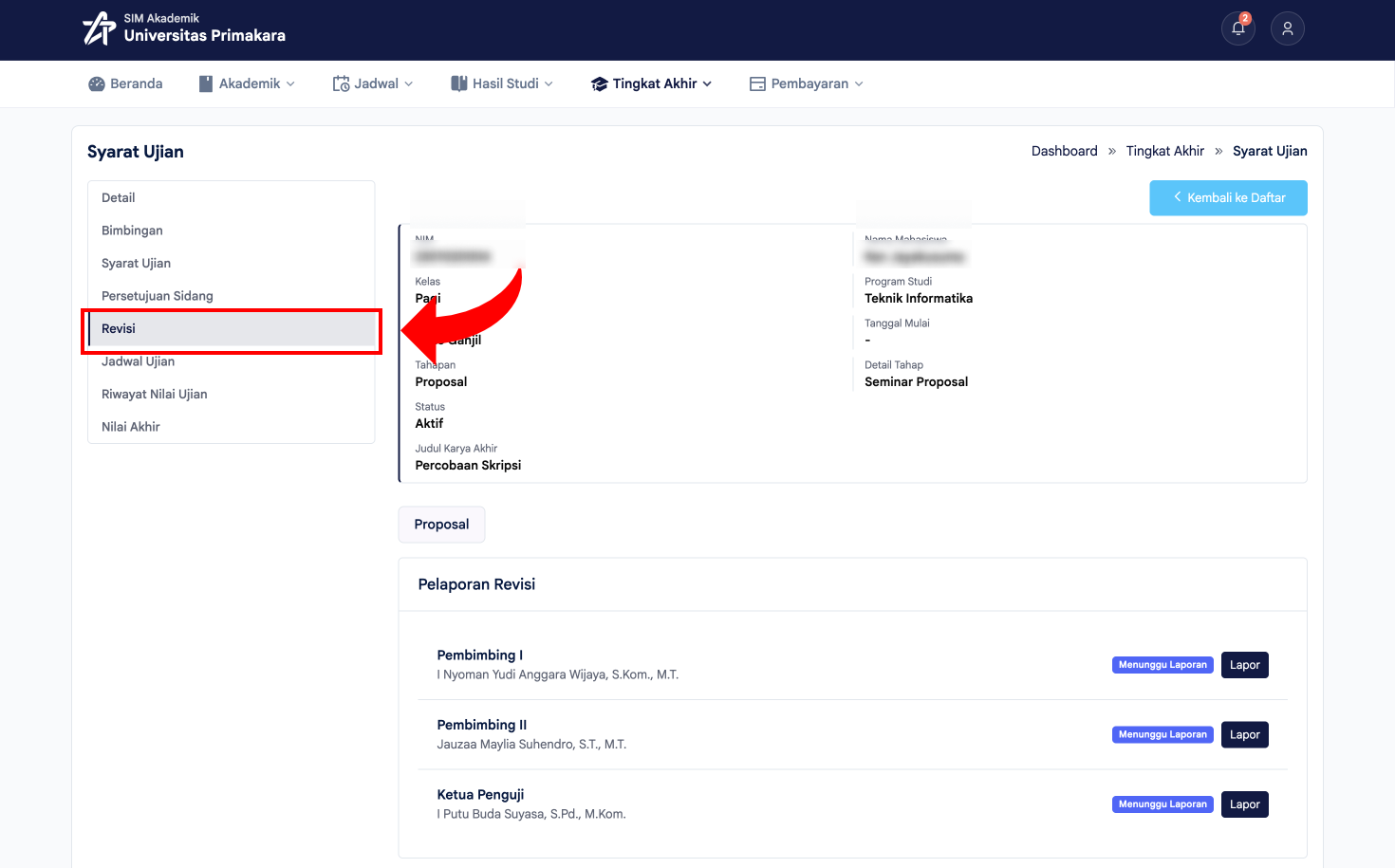 Tampilan default halaman Revisi dengan status Menunggu Laporan