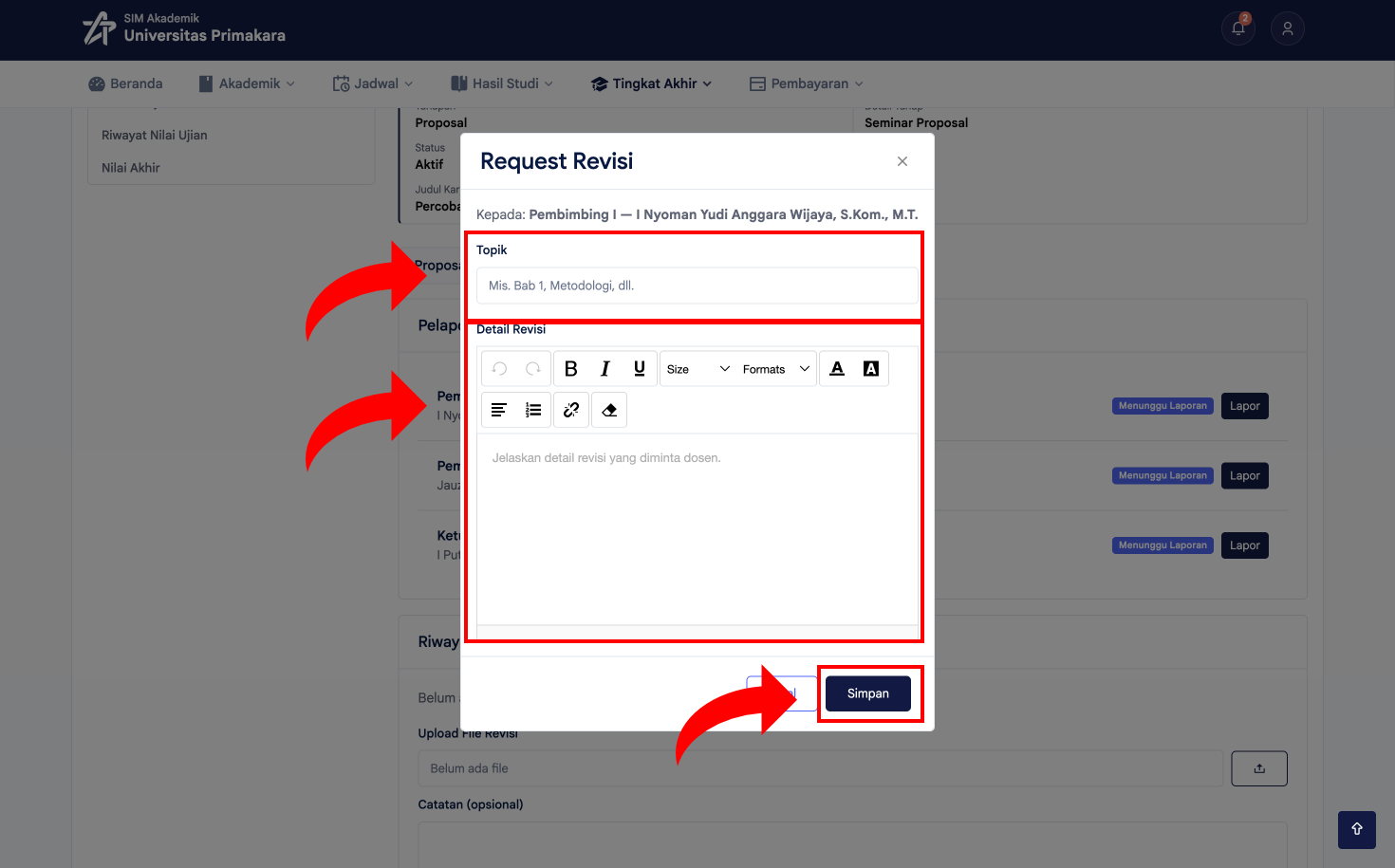 Mengisi Topik dan Detail Revisi pada dialog Request Revisi