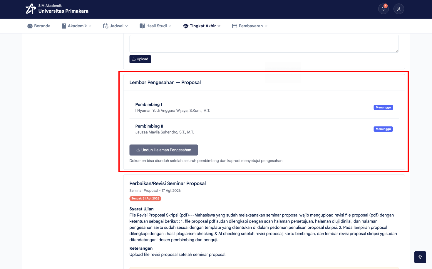 Bagian Lembar Pengesahan dengan status persetujuan pembimbing